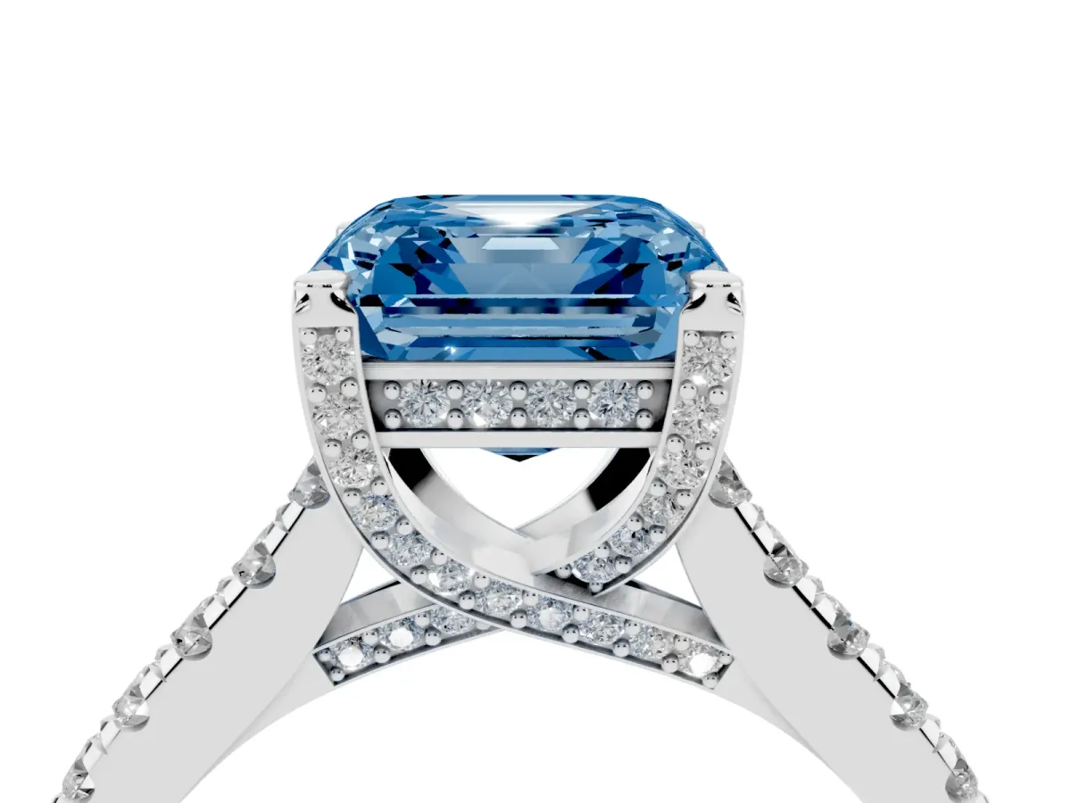 Fancy Blue Asscher Cut Brilliant Diamond Solitaire with Pavé Band and Four-Prong Setting Silver