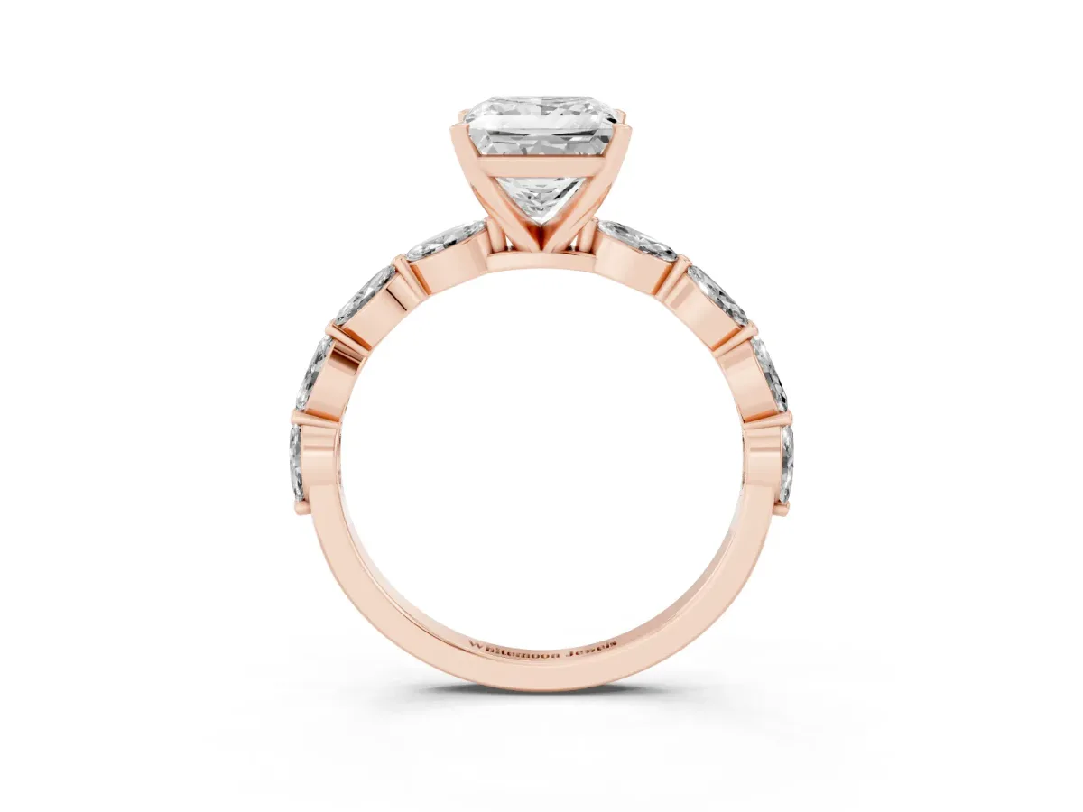 Princess Cut Diamond Ring with Marquise Side Stones and Prong Setting Rose gold