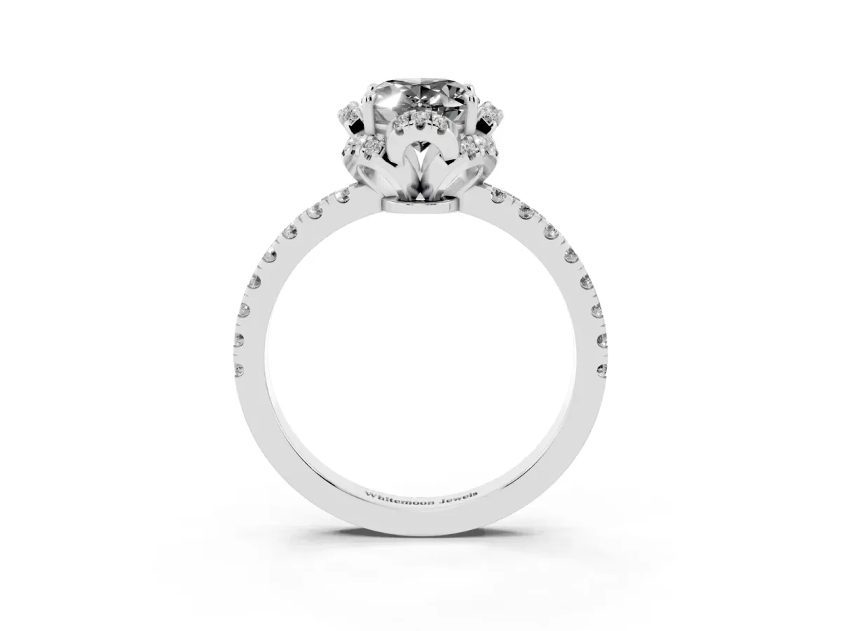 Fancy Black Oval Cut Diamond Halo Pave Band with Four-Prong Setting Silver