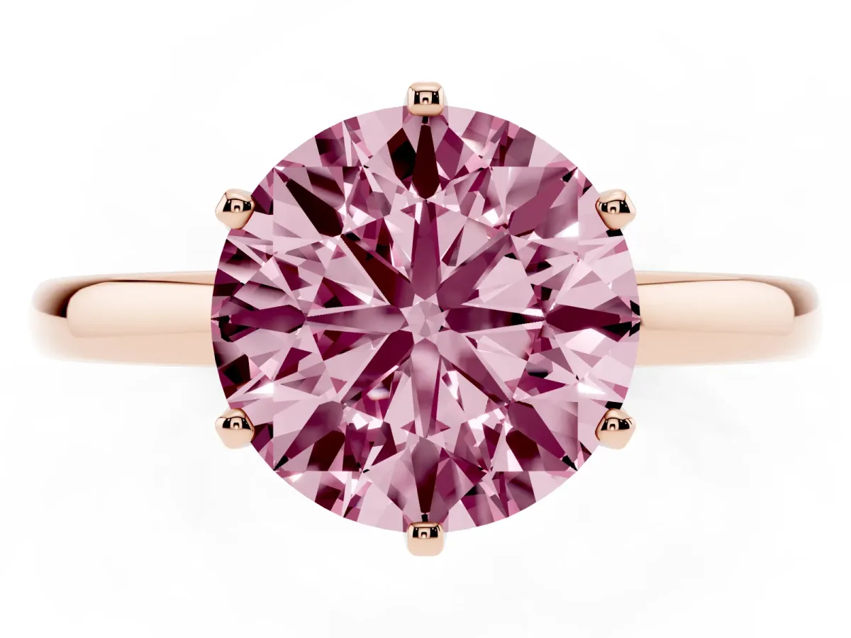 Fancy Pink Round Cut Solitaire Diamond Ring with Six-Prong Setting on a Classic Band Rose gold