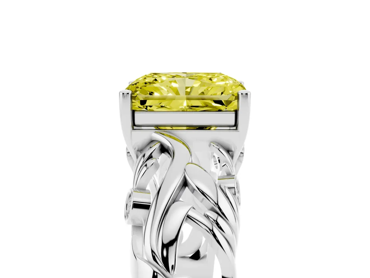 Fancy Yellow Radiant Cut Solitaire Diamond Leaf-Inspired Vine Band Ring with Prong Setting White gold