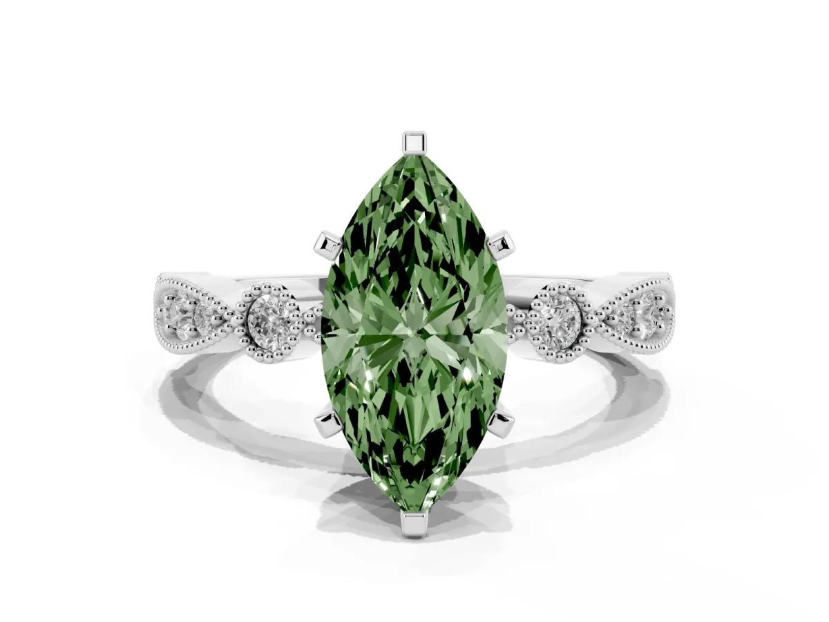 Fancy Green Marquise Cut Milgrain Bezel Diamond Engagement Ring with Solitaire Prong Setting Silver