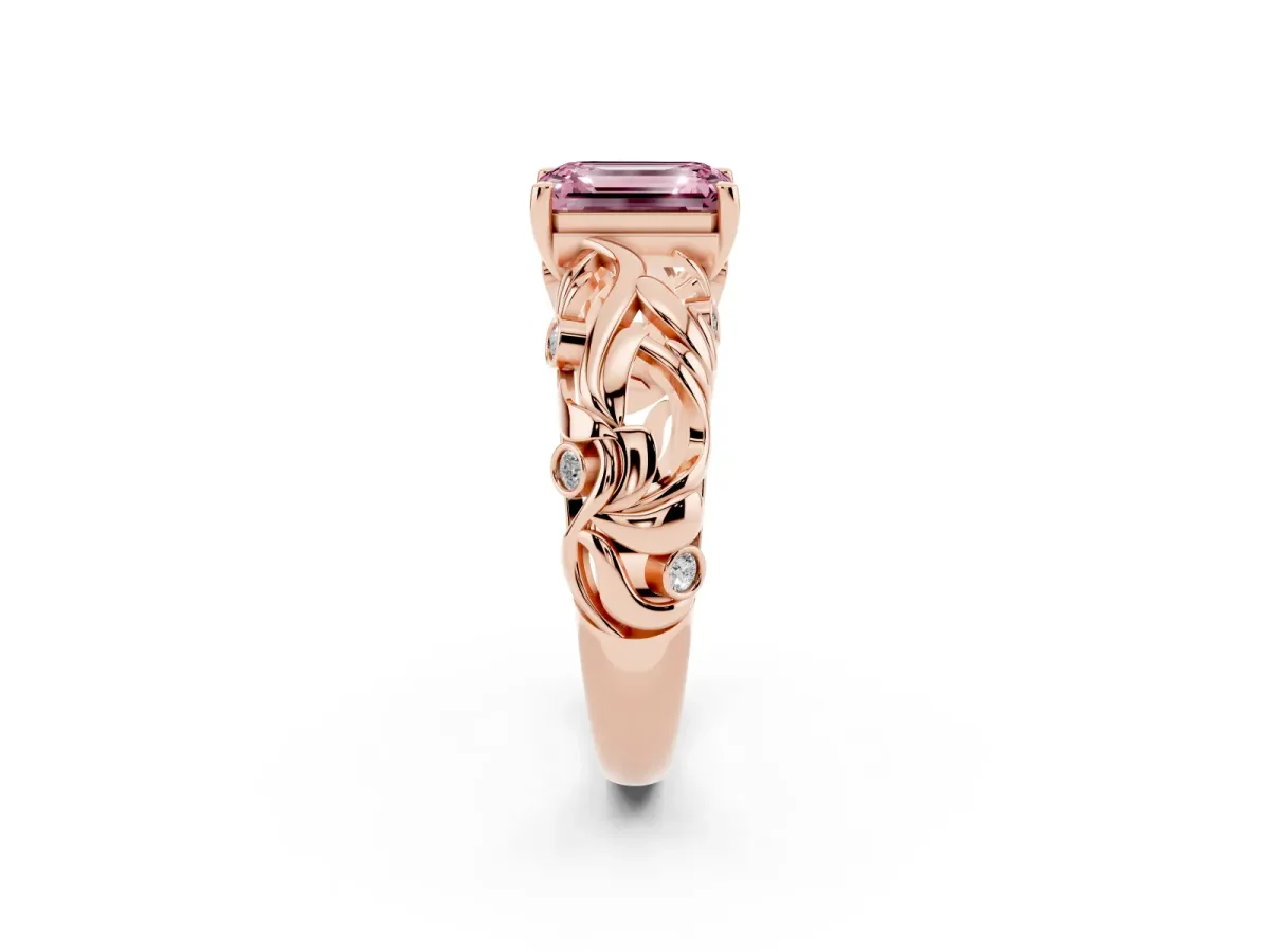 Fancy Pink Emerald Cut Solitaire Diamond Leaf-Inspired Vine Band Ring with Prong Setting Rose gold