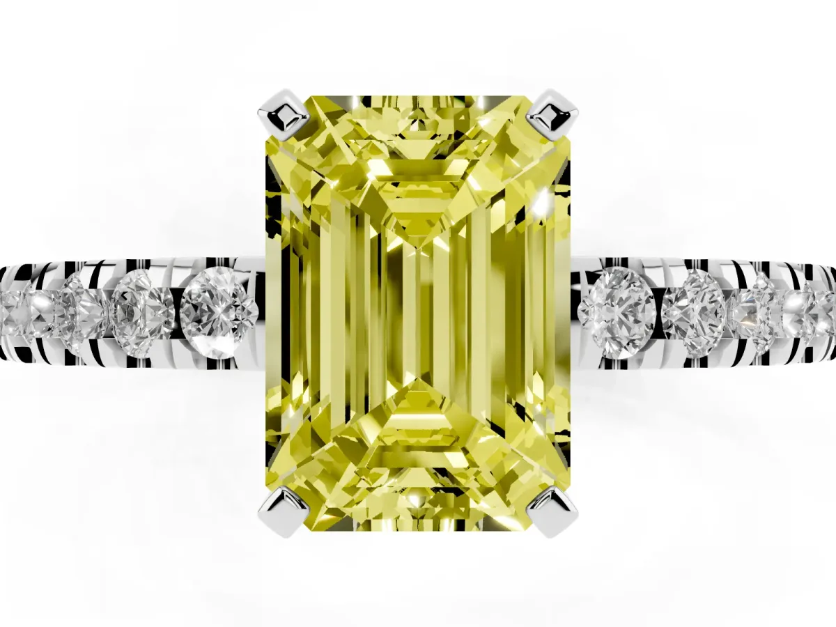 Fancy Yellow Emerald Cut Solitaire Diamond with Pavé Band and Four-Prong Setting Silver