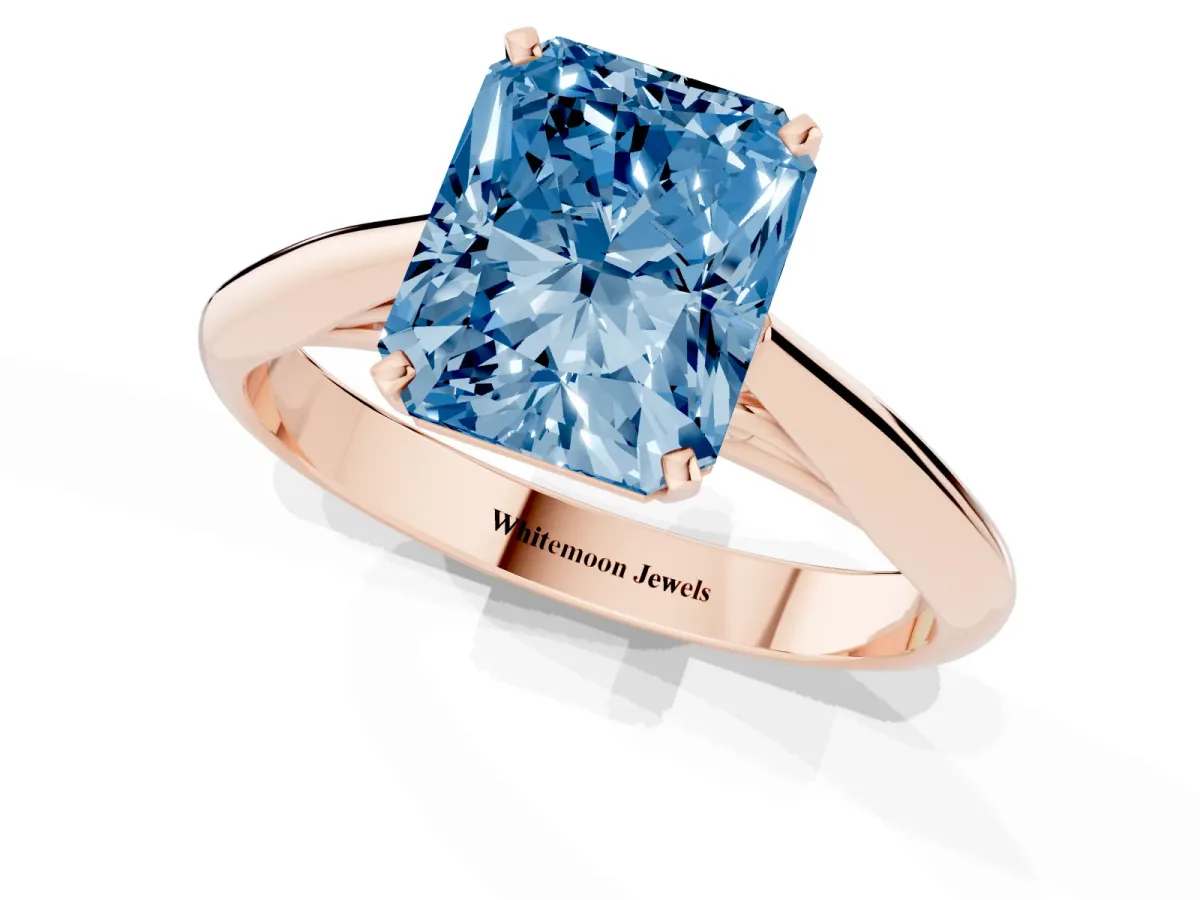 Fancy Blue Radiant Cut Diamond Solitaire Engagement Ring with Cathedral Setting and Four-Prong Mount Rose gold