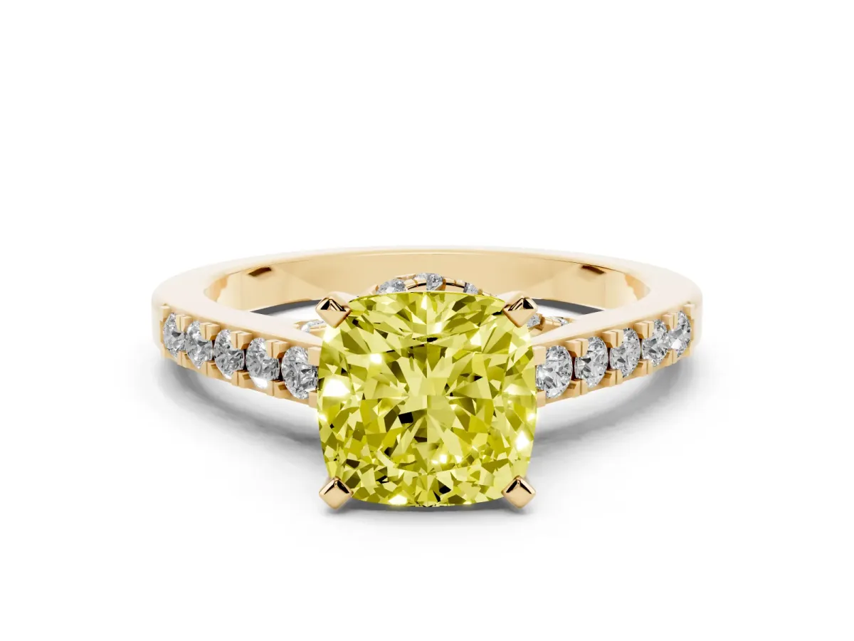 Fancy Yellow Cushion Cut Diamond Solitaire Ring with Crossover Gallery and Round Pavé Band Yellow gold