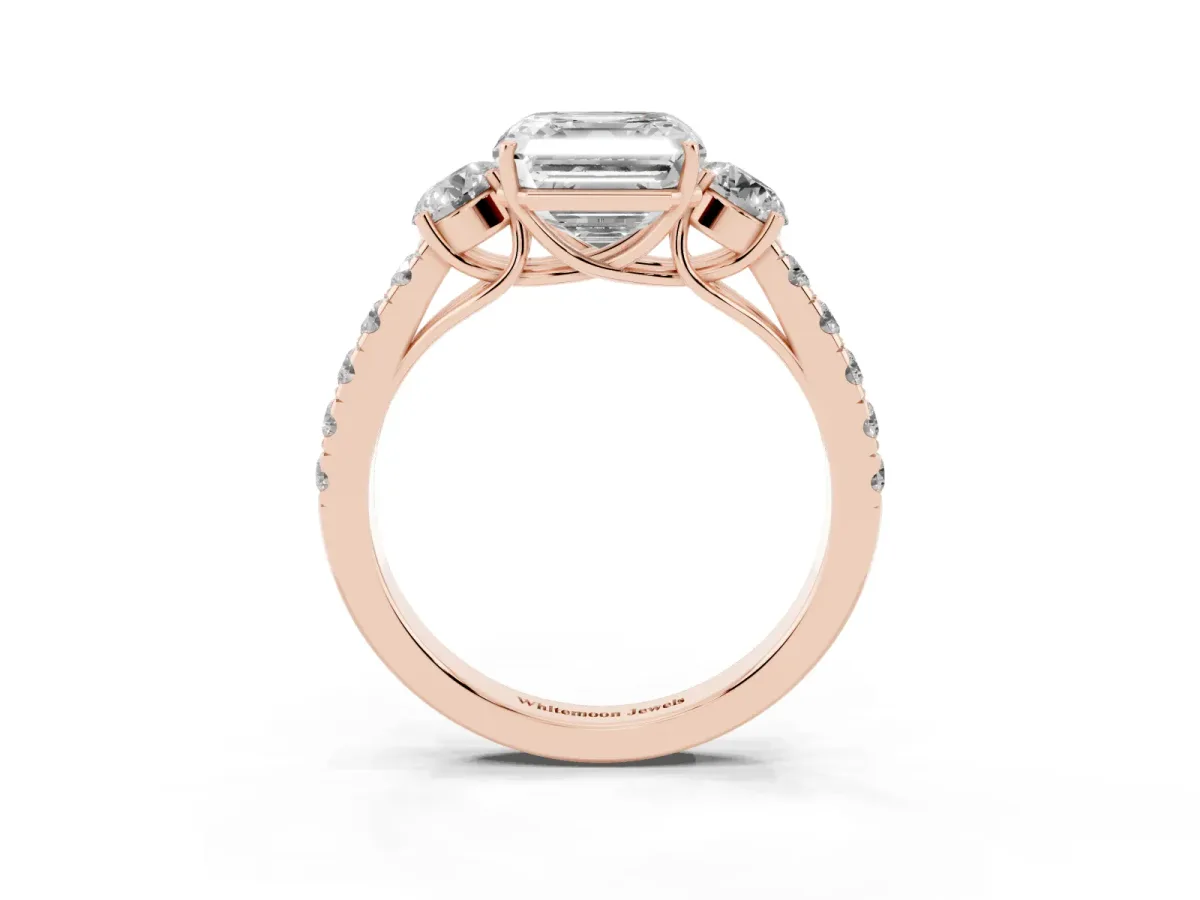 Asscher Cut Cut Diamond Three-Stone Ring with Round Side Stones and Pavé Band Rose gold