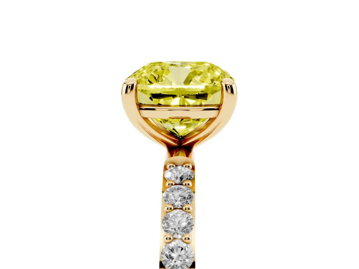 Fancy Yellow Cushion Cut Diamond Solitaire Ring with Round Pavé Band and Prong Setting Yellow gold