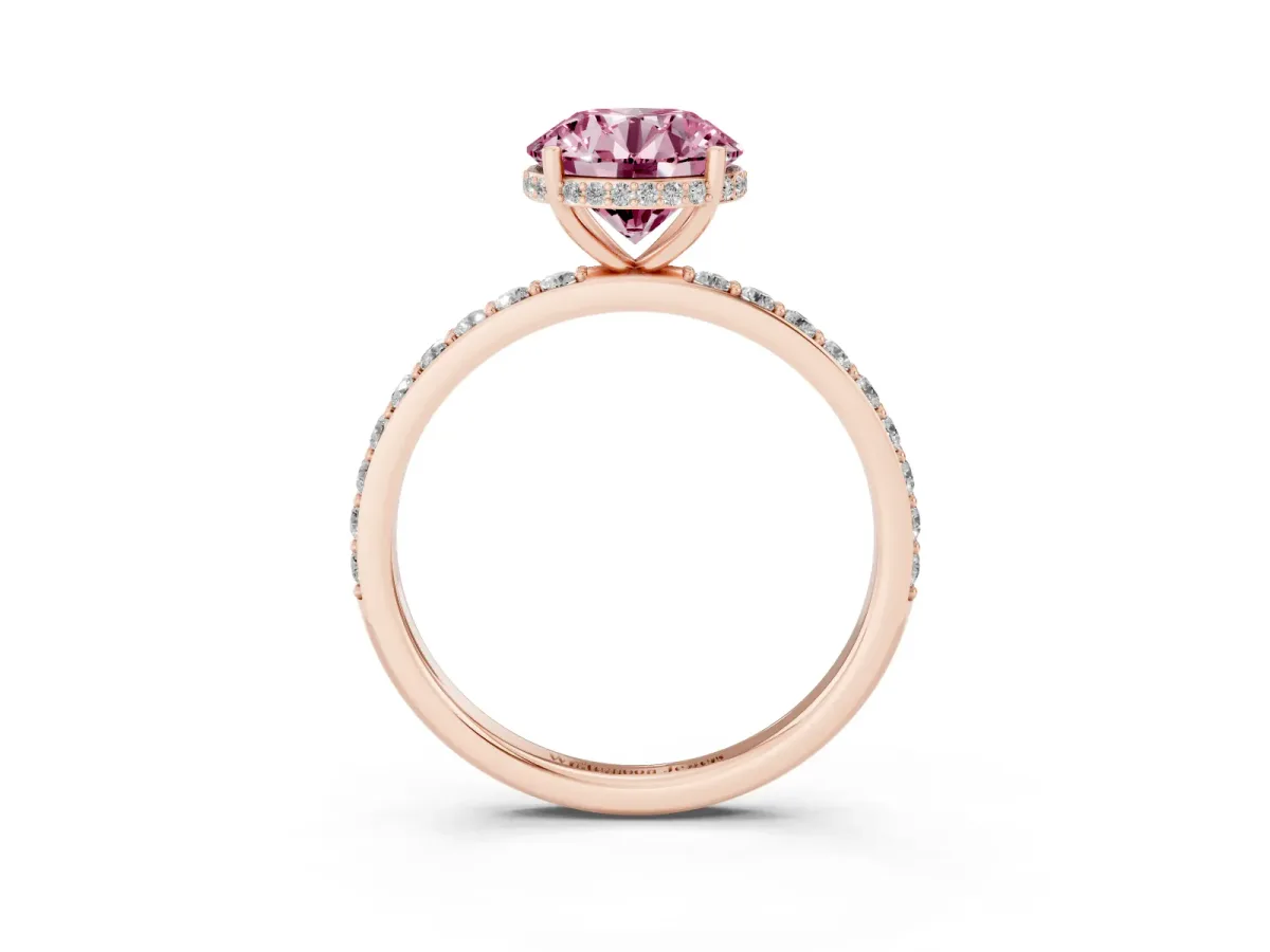 Fancy Pink Round Cut Diamond Solitaire Ring with Pavé Band and Hidden Halo Rose gold