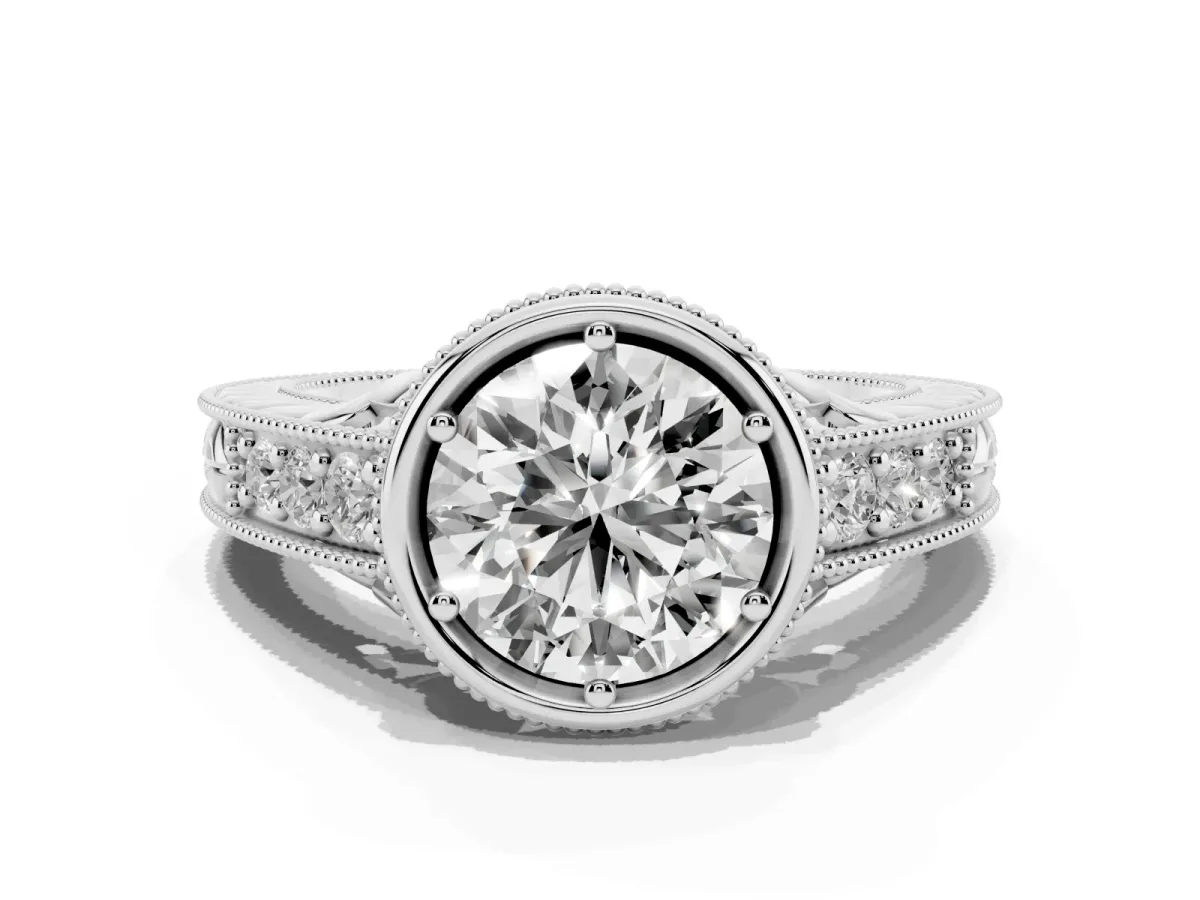 Bezel Set Round Cut Diamond Milgrain Pave Engagement Ring Silver