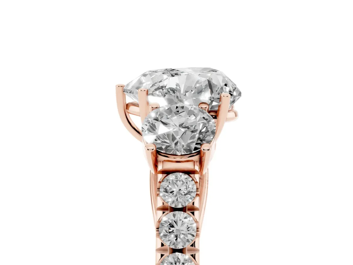 Heart Cut Cut Diamond Three-Stone Ring with Round Side Stones and Pavé Band Rose gold