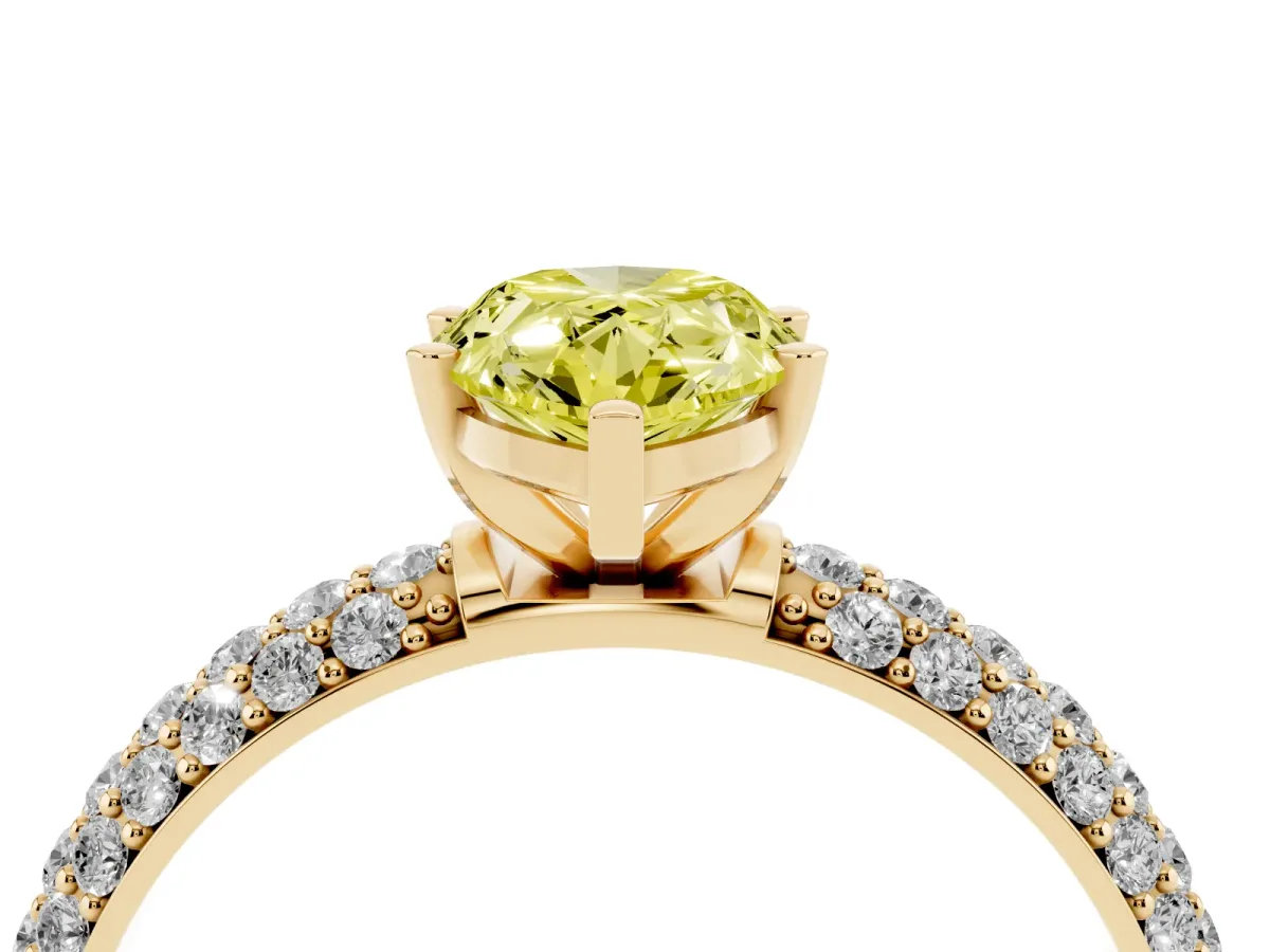 Fancy Yellow Pear Cut Diamond Solitaire Ring with Prong Setting and Pavé Band Yellow gold