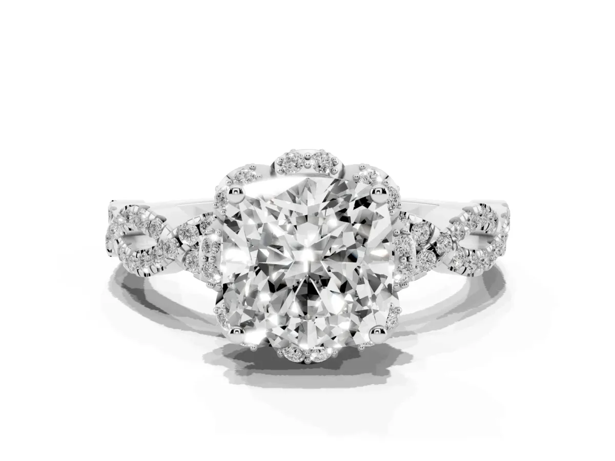 Cushion Cut Halo Twist Band Solitaire Ring with Six-Prong Setting Silver