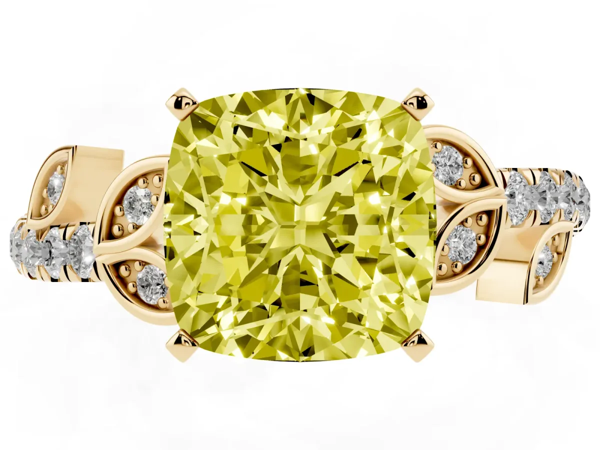 Fancy Yellow Cushion Cut Solitaire Leaf-Inspired Diamond Ring with Pavé Band and Four-Prong Setting Yellow gold