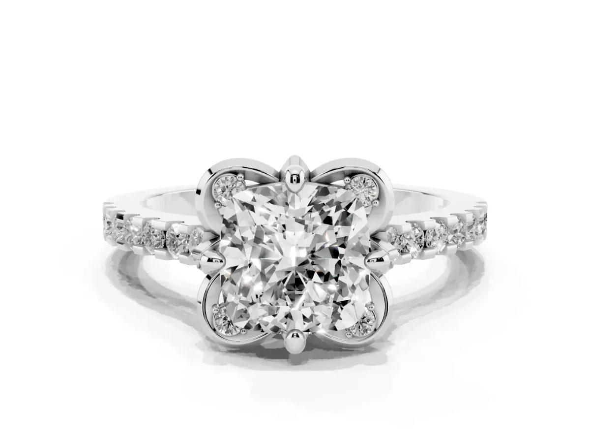 Cushion Cut Diamond Ring with Pavé Band and Floral Prong Setting Silver