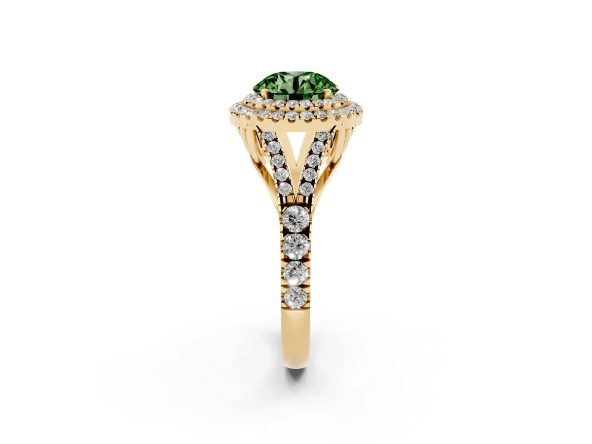 Fancy Green Double Halo Round Cut Diamond Split Shank Engagement Ring with Four-Prong Setting Yellow gold