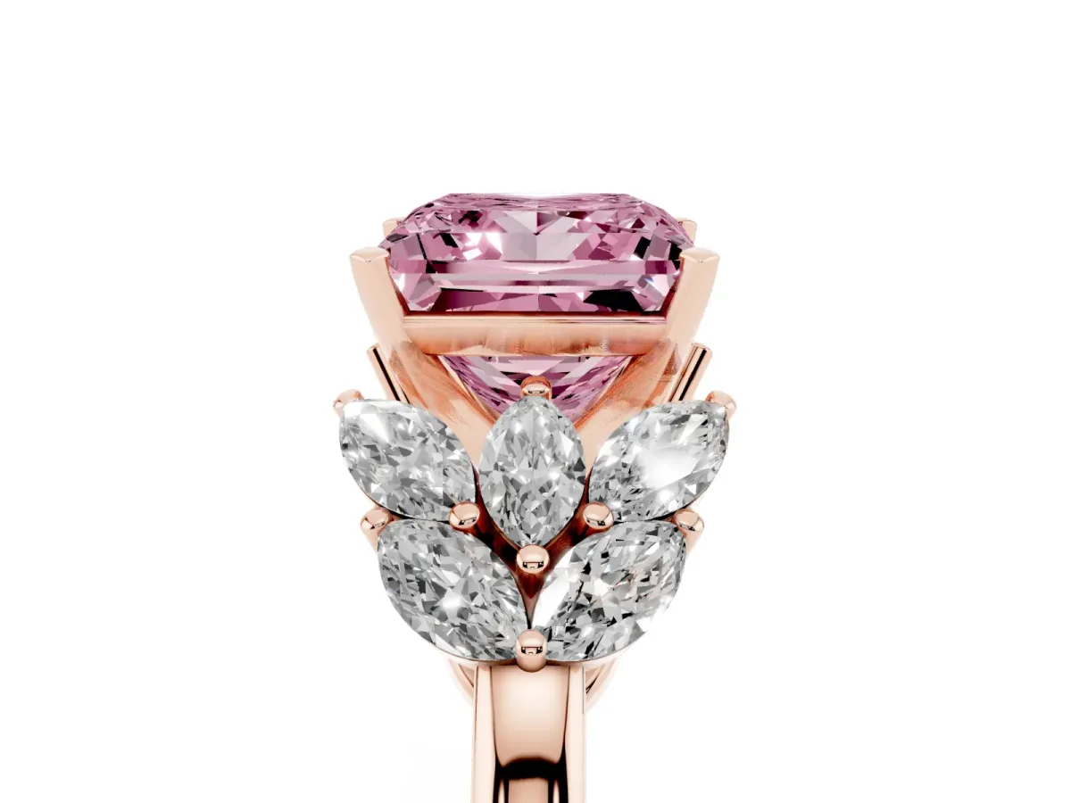 Fancy Pink Princess Cut Diamond Cluster Leaf Design Ring with Prong Setting Rose gold