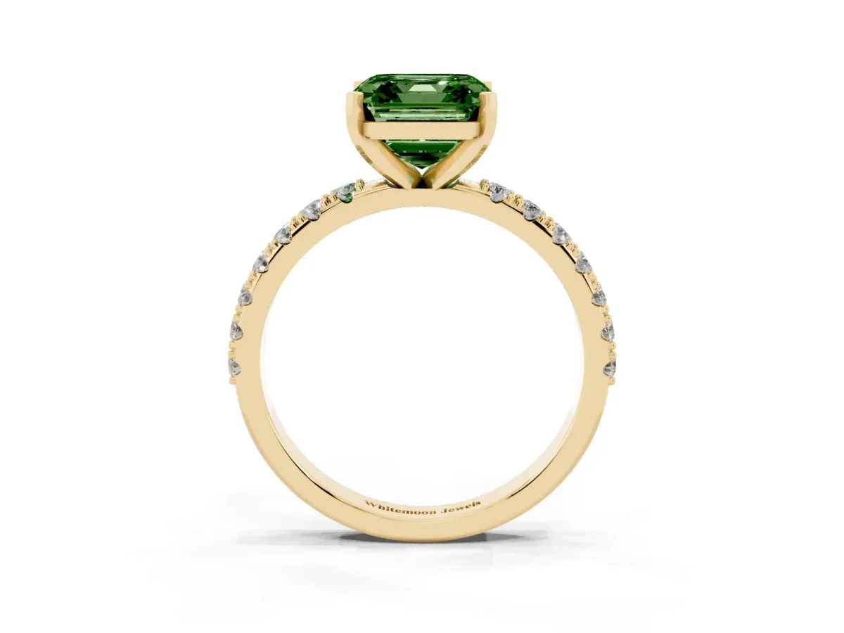 Fancy Green Asscher Cut Diamond Solitaire Pavé Band with Four-Prong Setting Yellow gold