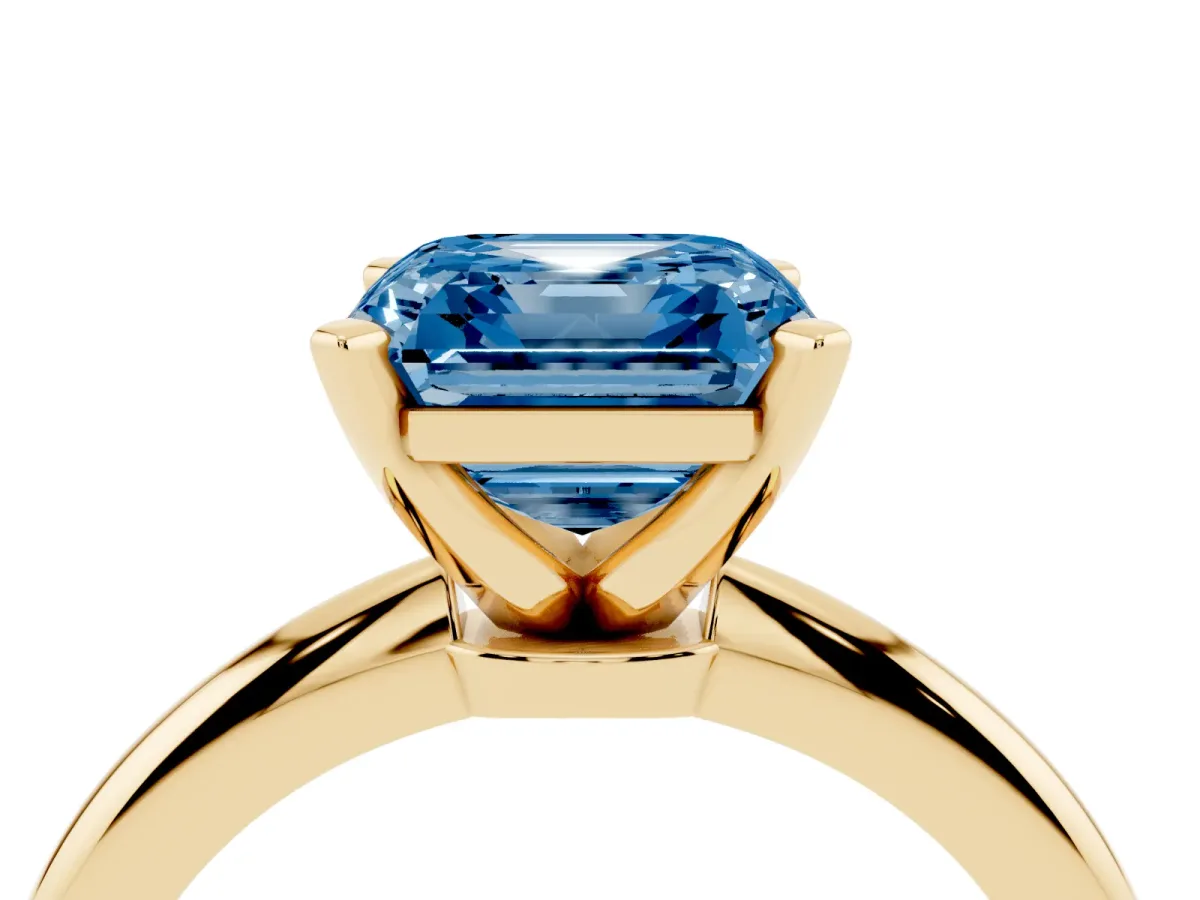 Fancy Blue Asscher Cut Diamond Solitaire Ring with Prong Setting and Classic Band Yellow gold