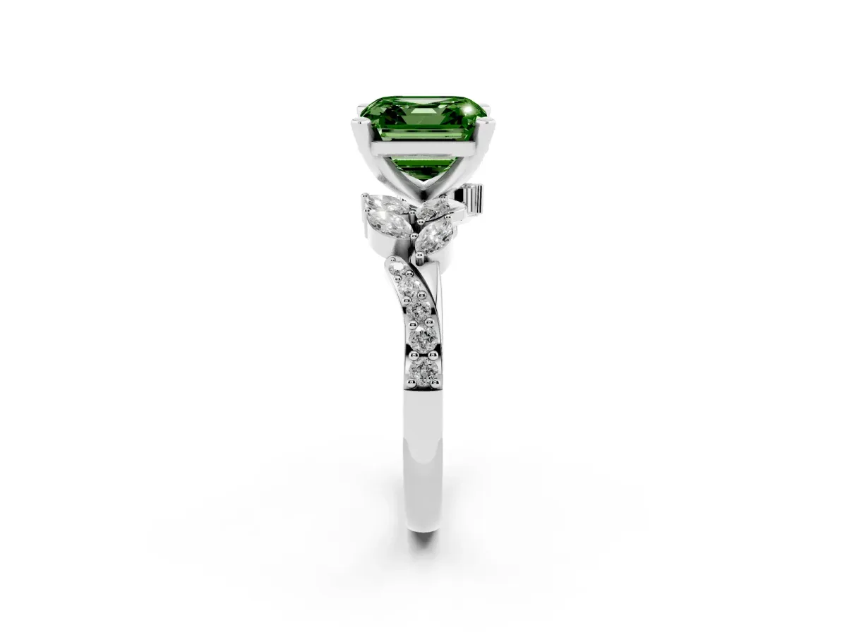 Fancy Green Asscher Cut Solitaire Marquise Twist Band with Six-Prong Setting Silver