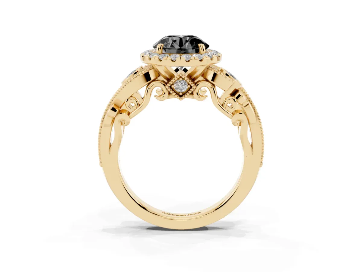 Fancy Black Round Cut Halo Diamond Ring with Milgrain and Bezel Accents on a Split Shank Band Yellow gold