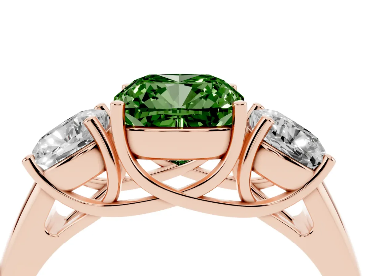 Fancy Green Three-Stone Cushion Cut Diamond Engagement Ring with Prong Setting Rose gold