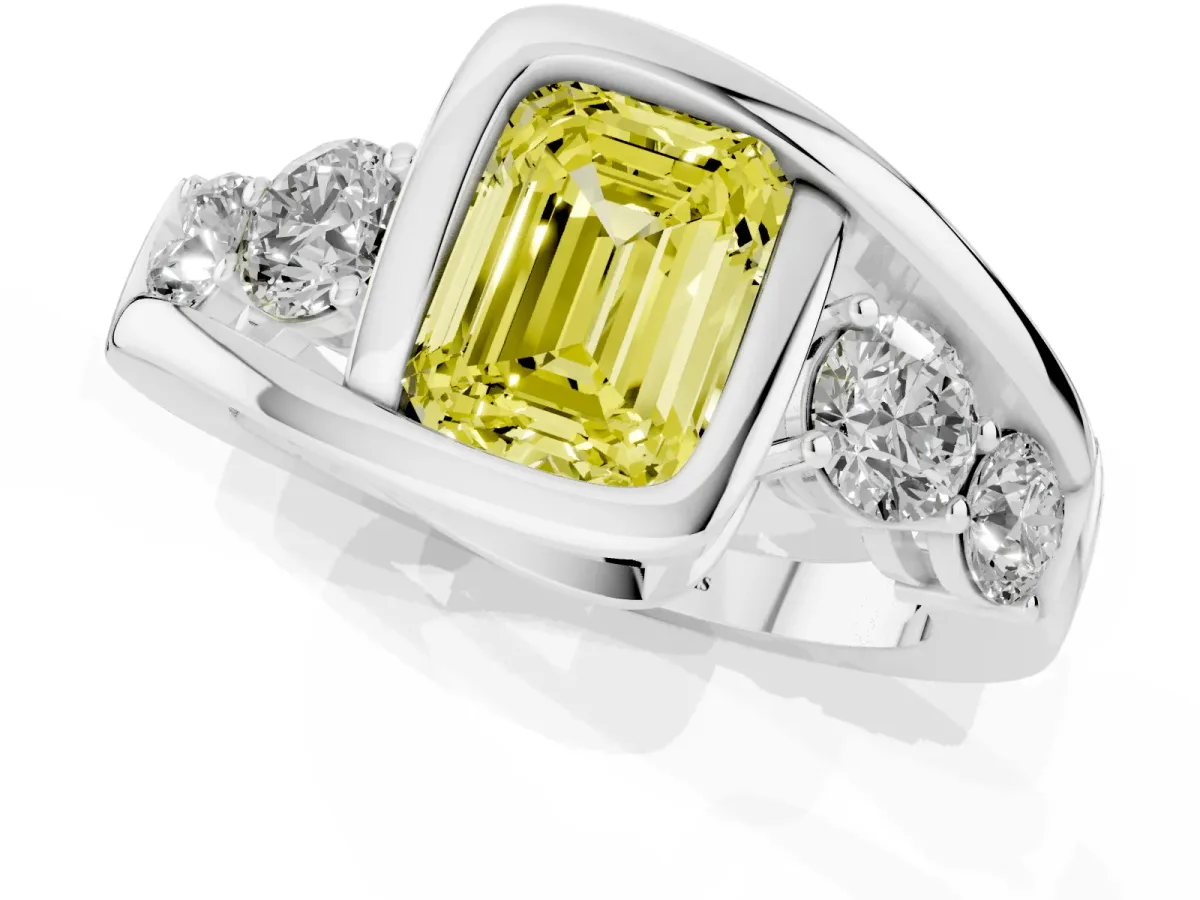 Fancy Yellow Bezel Set Emerald Cut Diamond Bypass Ring with Round Accents Silver