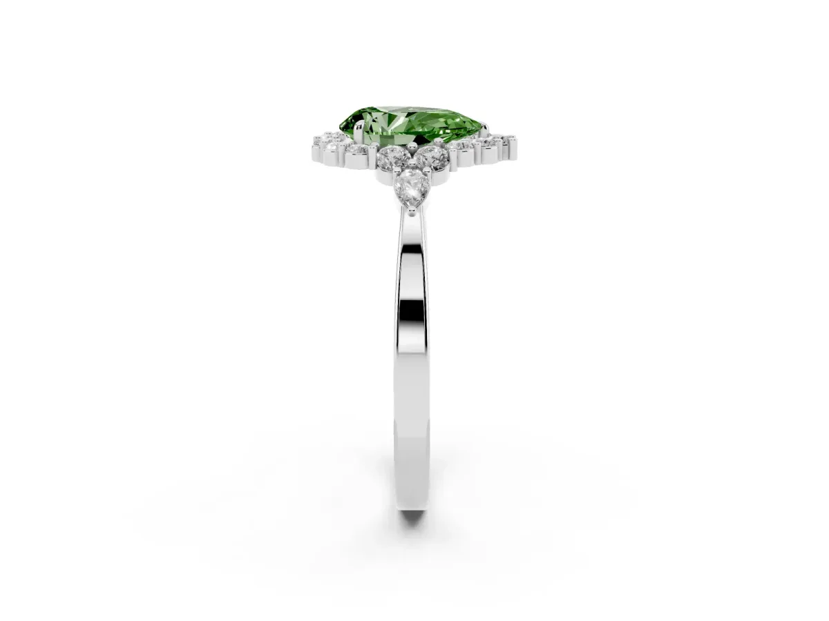 Fancy Green Pear Cut Diamond Halo Ring with Pear Side Stones and Prong Setting Silver