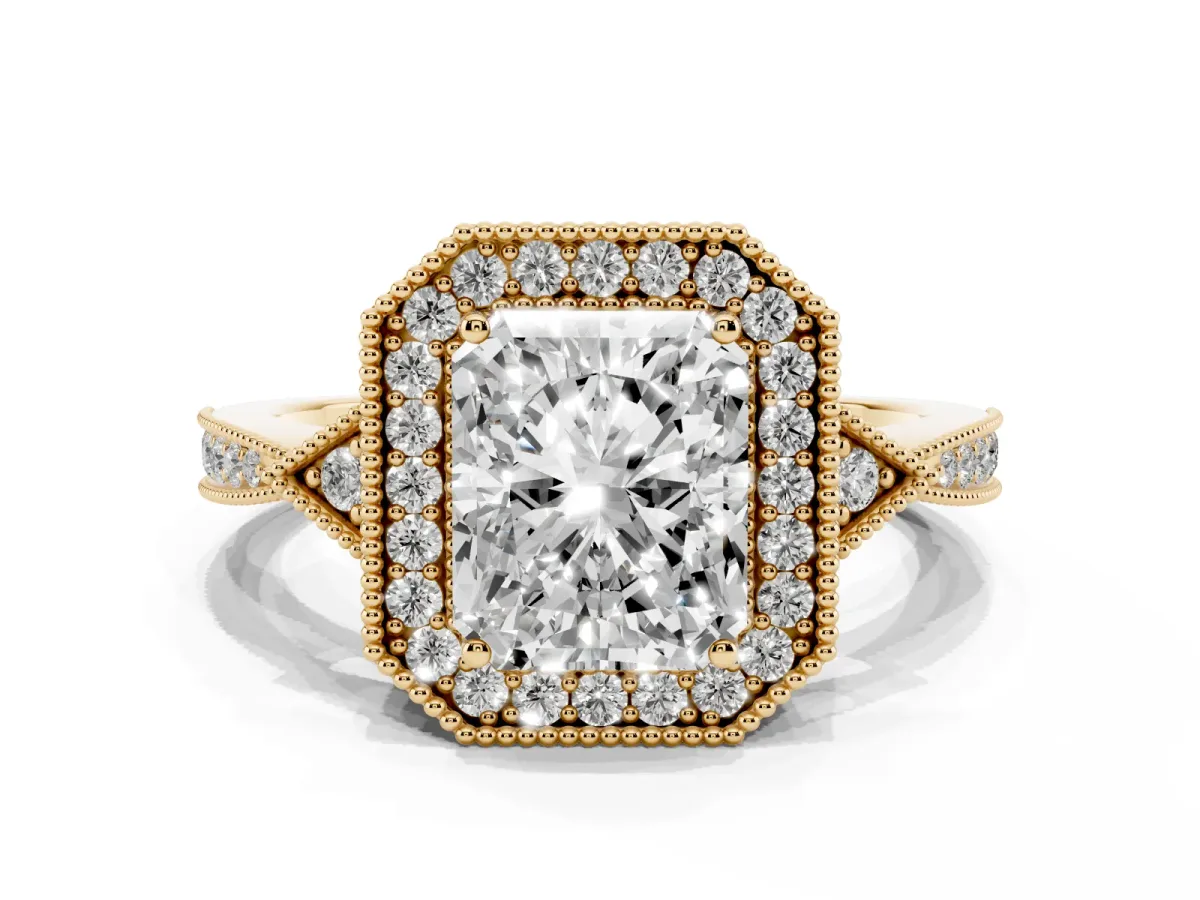 Radiant Cut Halo Round Diamond Milgrain Pave Engagement Ring Yellow gold