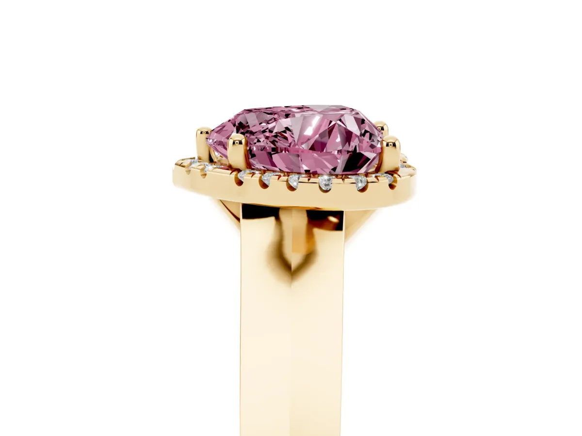 Fancy Pink Heart Cut Halo Diamond Ring with Cathedral Band and Four-Prong Setting Yellow gold