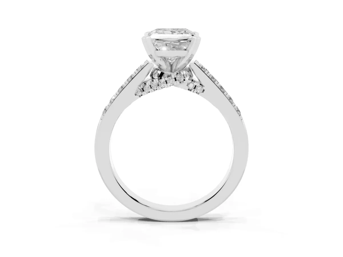 Princess Cut Diamond Solitaire Ring with Crossover Gallery and Round Pavé Band Silver