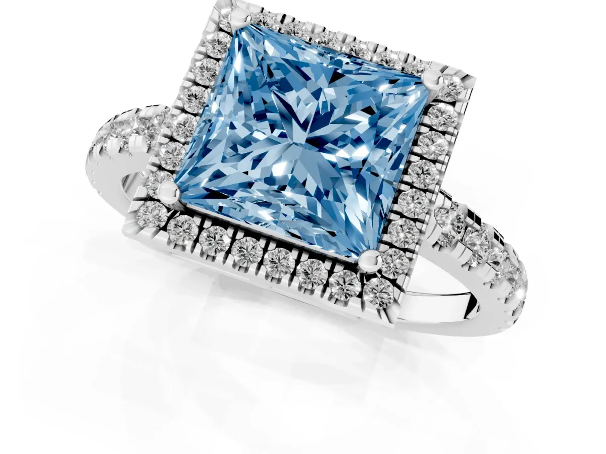 Fancy Blue Princess Cut Diamond Halo Ring with Pavé Band and Four-Prong Setting Silver