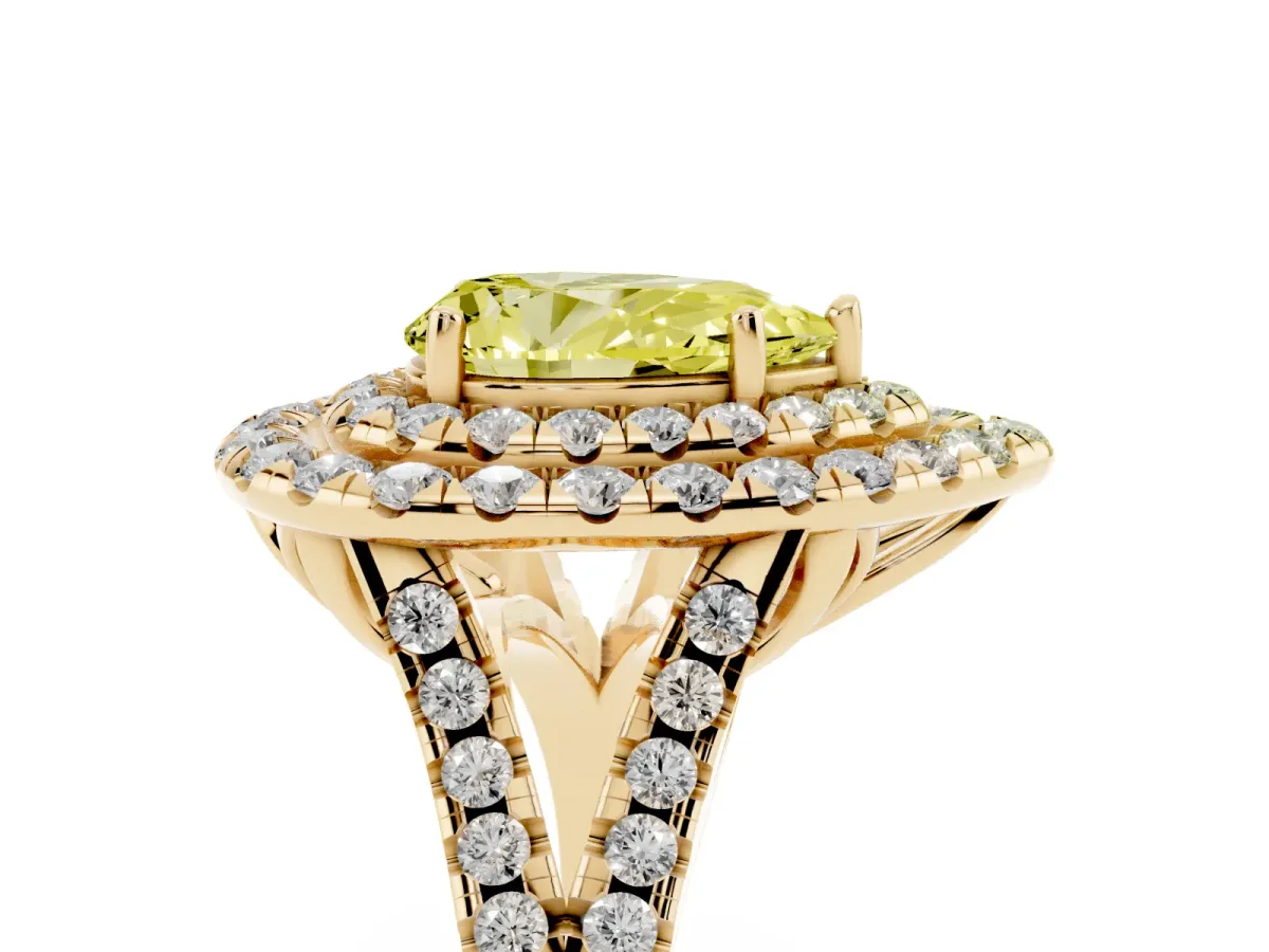 Fancy Yellow Double Halo Pear Cut Diamond Pavé Split Shank Ring with Prong Setting Yellow gold