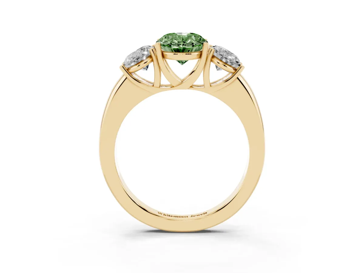 Fancy Green Oval Cut Diamond Three-Stone Ring with Four-Prong Setting and Classic Band Yellow gold