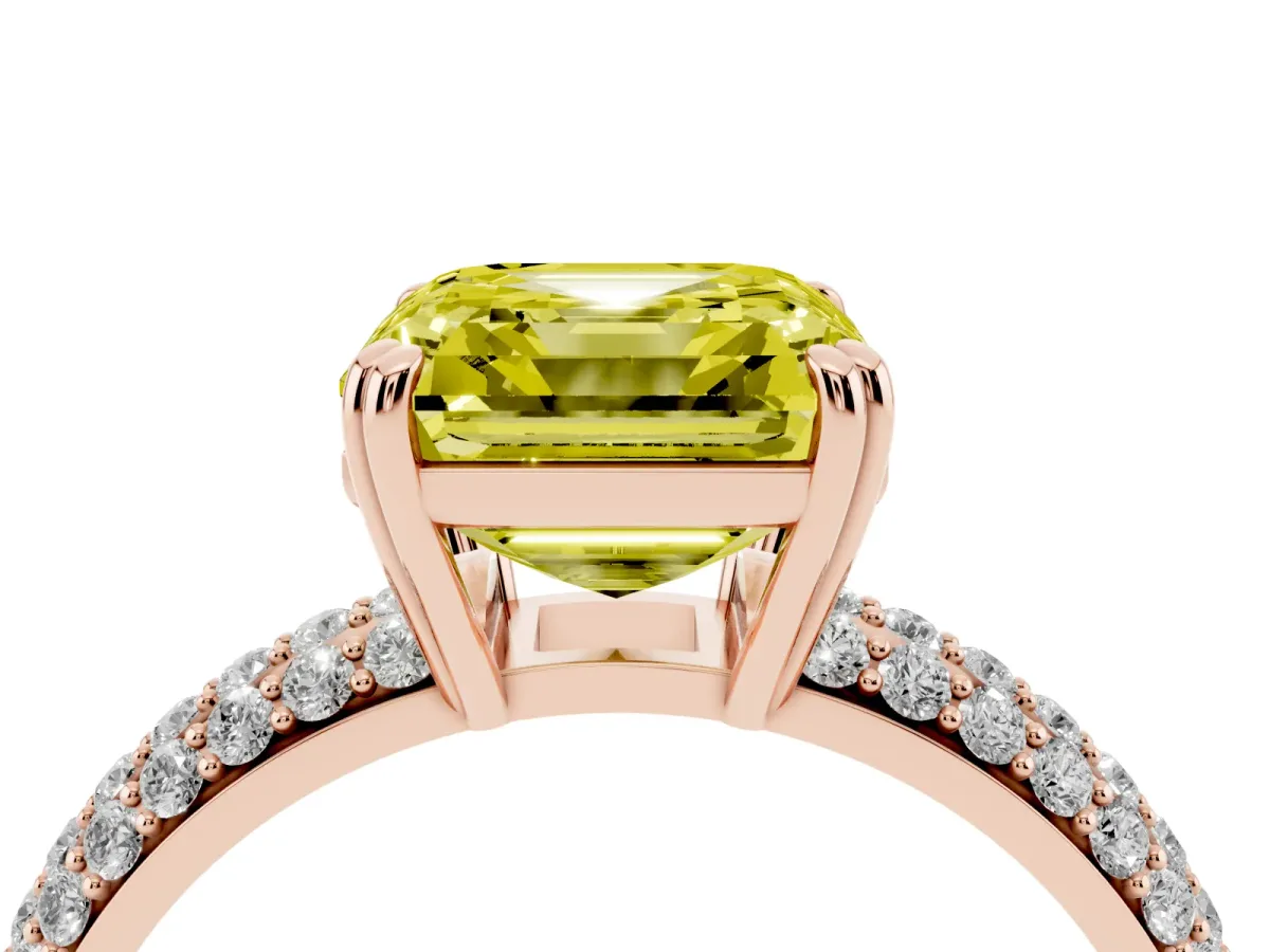 Fancy Yellow Asscher Cut Diamond Solitaire Ring with Multi-Row Round Pavé Band and Prong Setting Rose gold