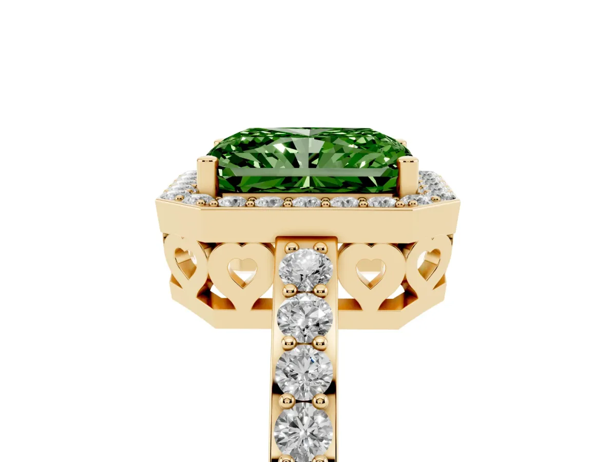 Fancy Green Radiant Cut Halo Diamond Pavé Band Ring with Prong Setting Yellow gold