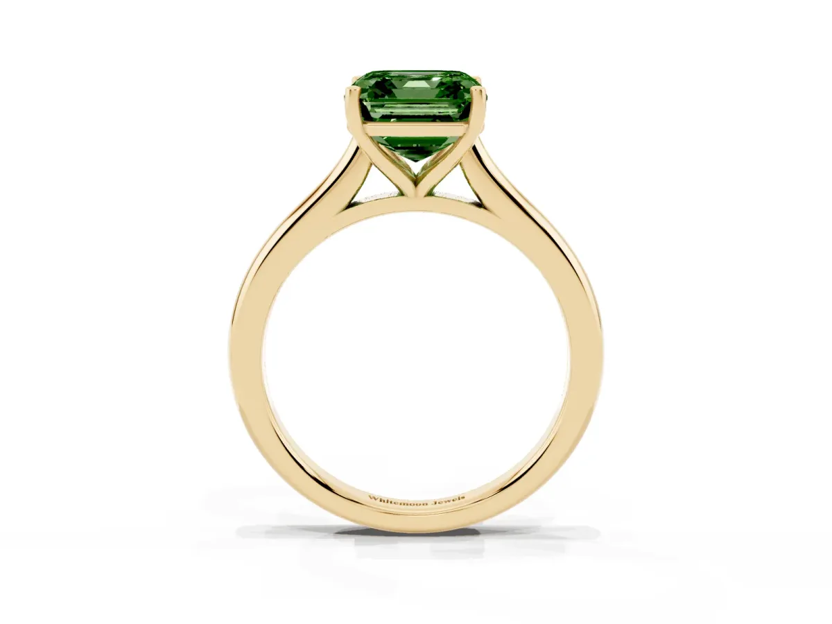Fancy Green Asscher Cut Cut Solitaire Ring with Cathedral Band and Four-Prong Setting Yellow gold