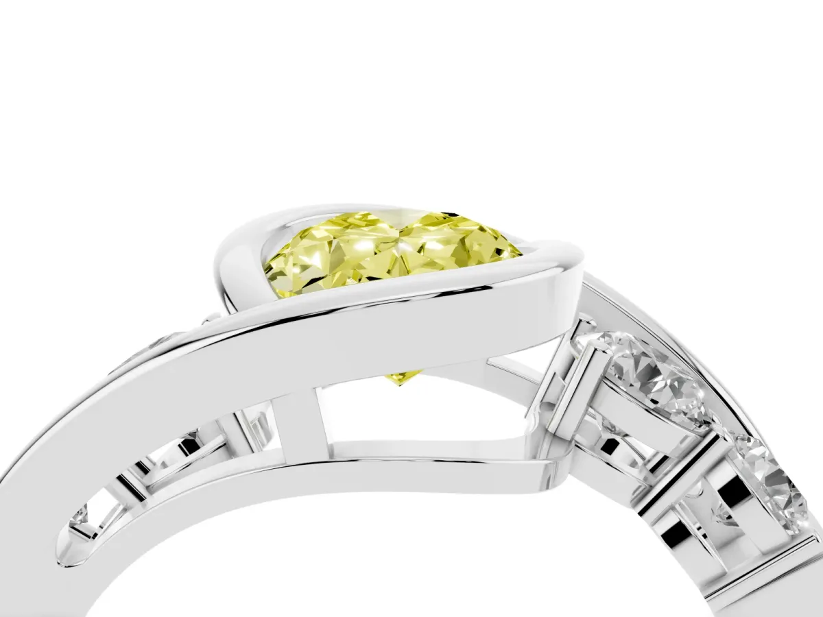 Fancy Yellow Bezel Set Oval Cut Diamond Bypass Ring with Round Accents Platinum