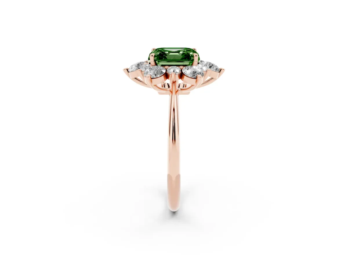 Fancy Green Asscher Cut Diamond Cluster Halo Ring with Solitaire Band and Four-Prong Setting Rose gold