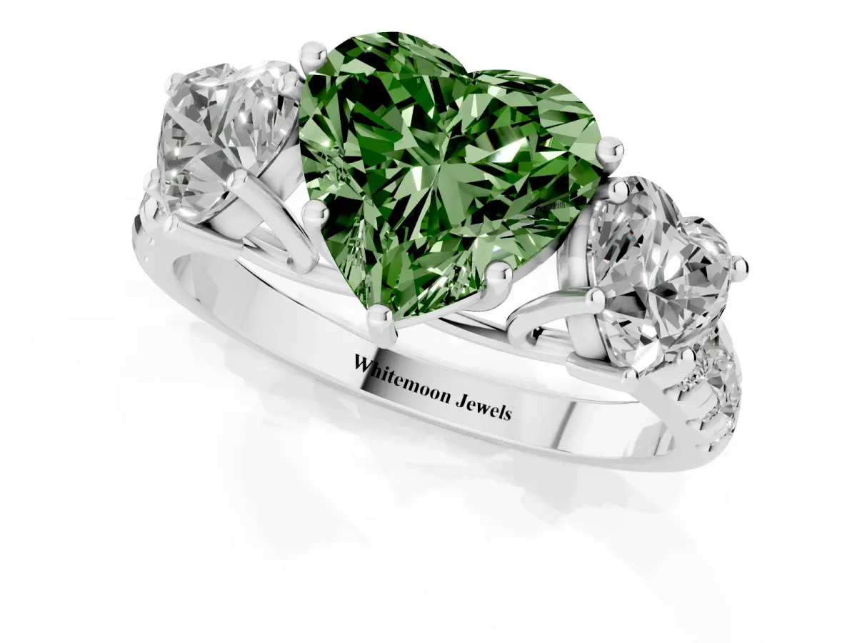 Fancy Green Three-Stone Heart Cut Diamond Pavé Band with Prong Setting Silver