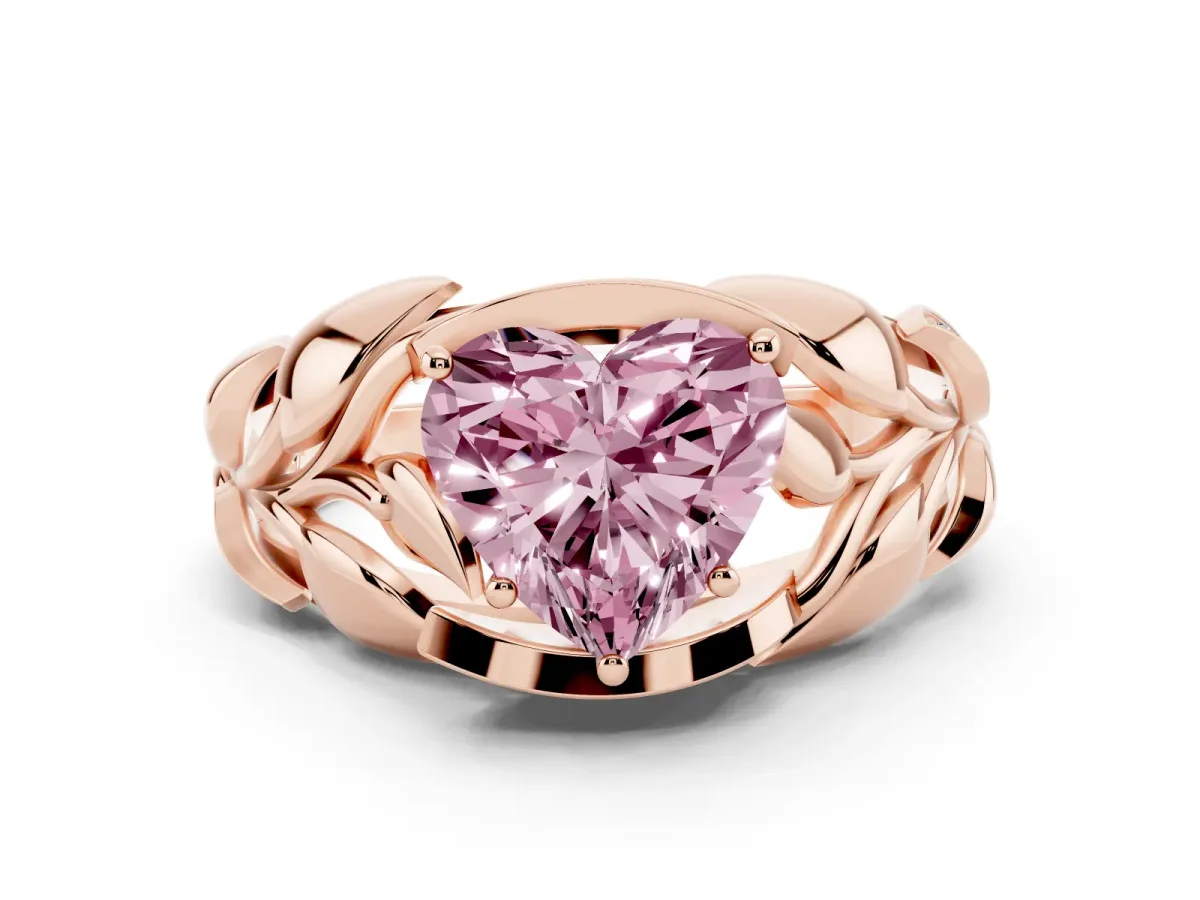 Fancy Pink Heart Cut Diamond Leaf-Inspired Engagement Ring with Round Accents and Prong Setting Rose gold