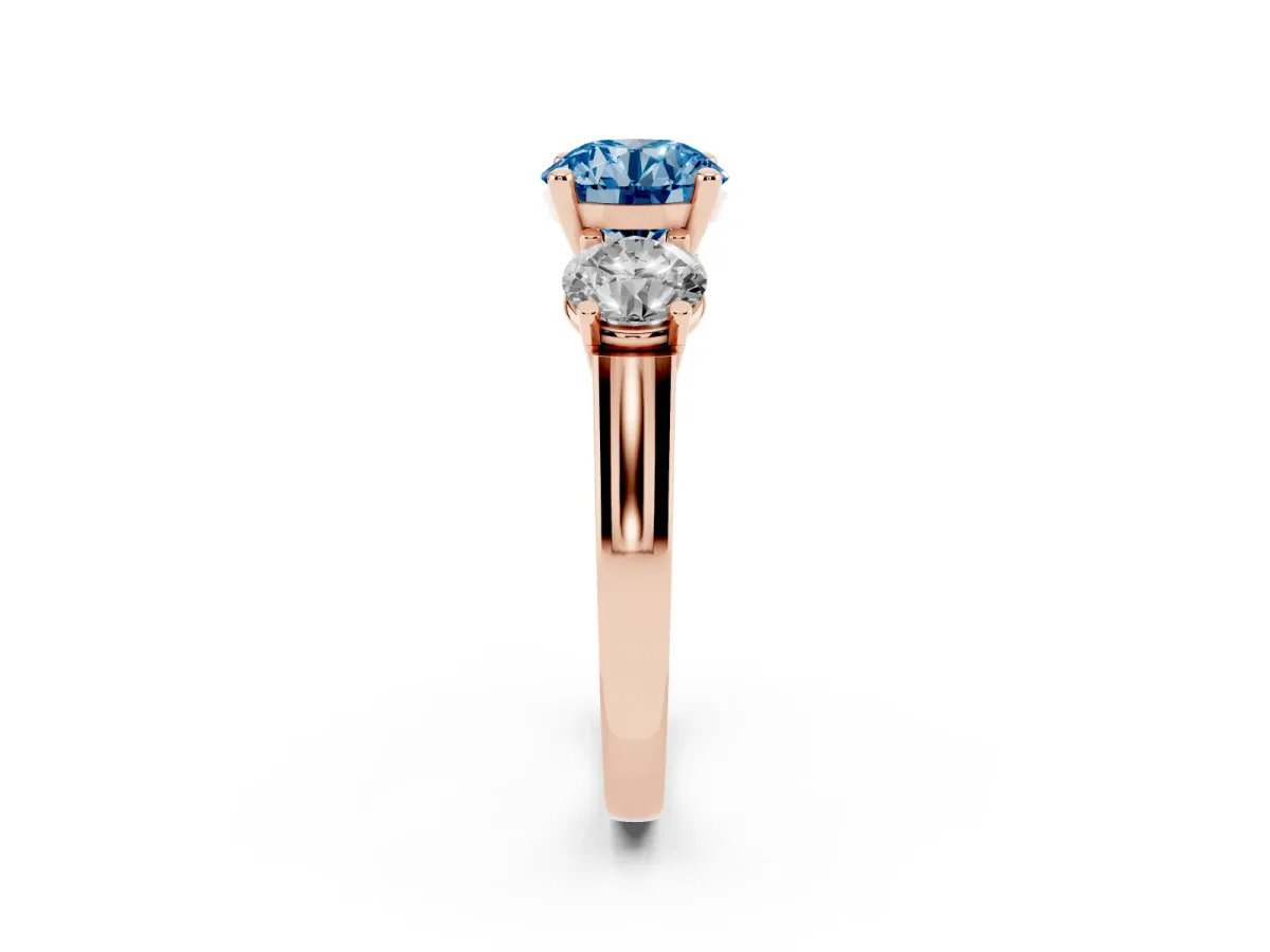 Fancy Blue Three-Stone Round Cut Brilliant Diamond Trellis Ring with Comfort Fit Band Rose gold