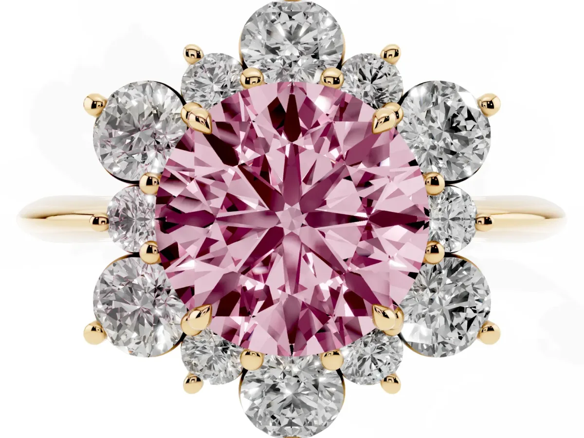 Fancy Pink Round Cut Diamond Cluster Halo Ring with Solitaire Band and Four-Prong Setting Yellow gold