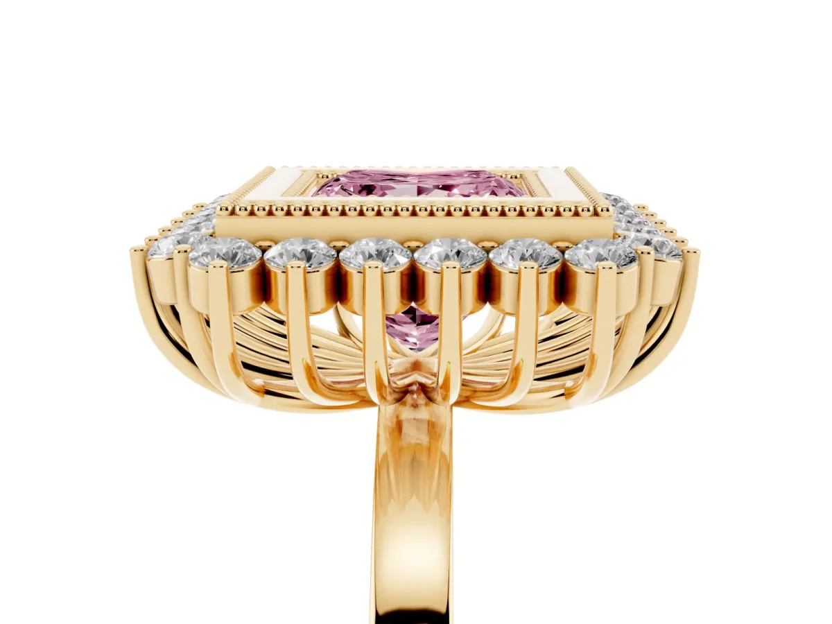 Fancy Pink Princess Cut Halo Diamond Ring with Milgrain Edge and Round Prong Setting Yellow gold