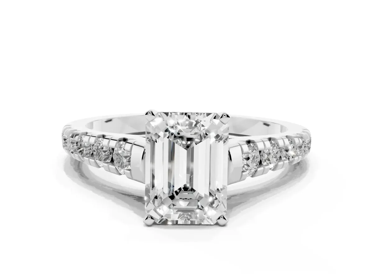 Emerald Cut Diamond Cathedral Solitaire Ring with Round Pavé Band Silver