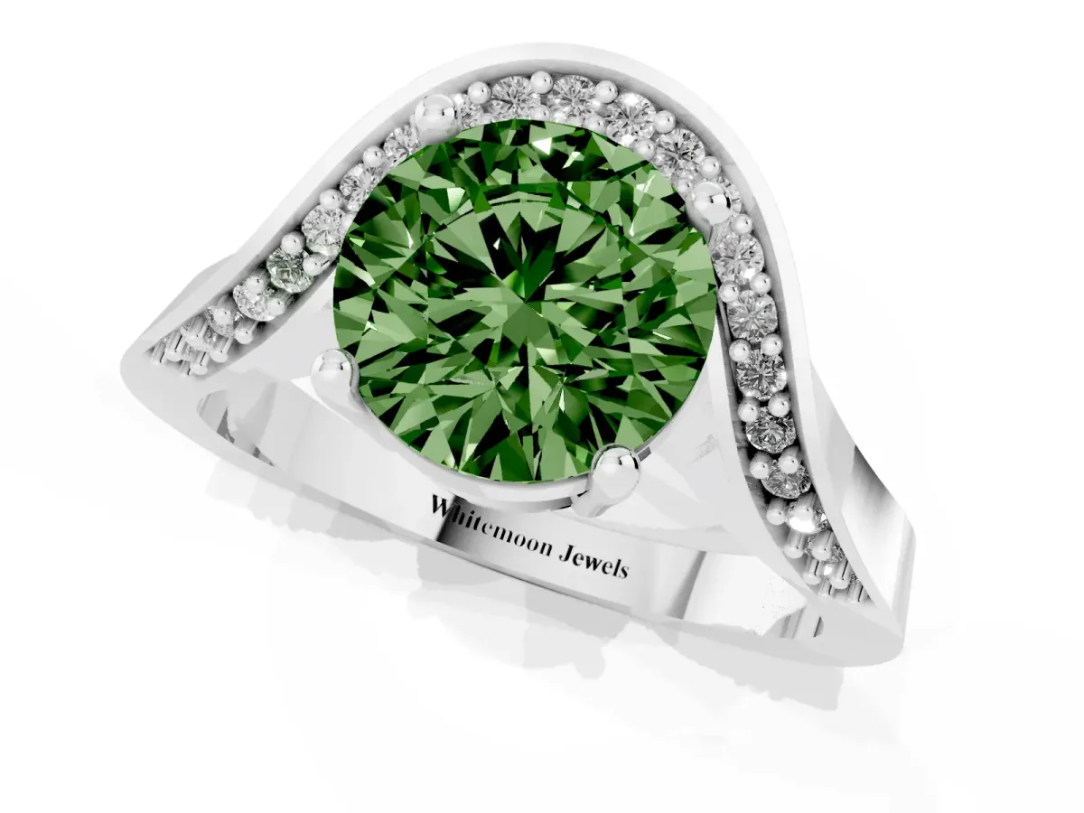 Fancy Green Round Cut Solitaire Diamond Engagement Ring with Pave Band and Four-Prong Setting White gold
