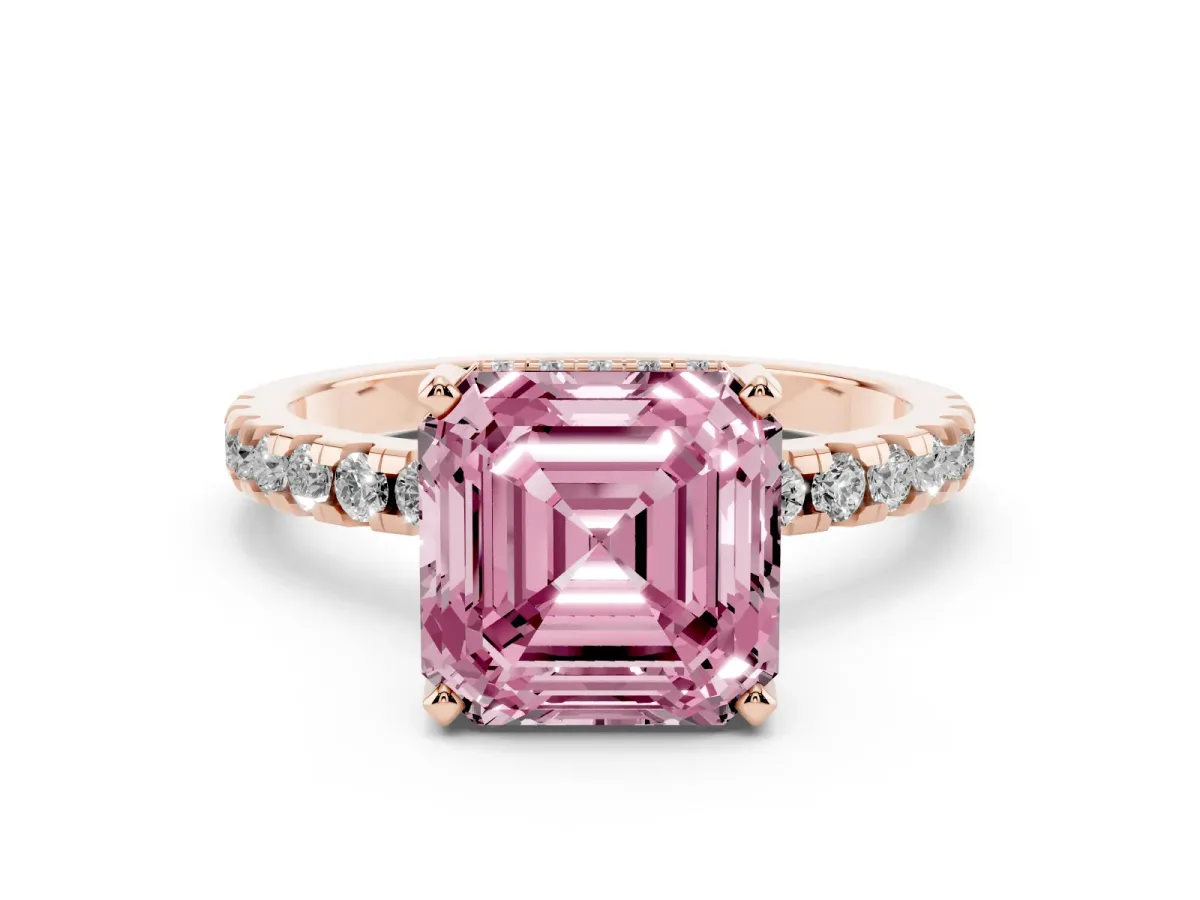 Fancy Pink Asscher Cut Diamond Solitaire Ring with Round Pavé Band and Four-Prong Setting Rose gold