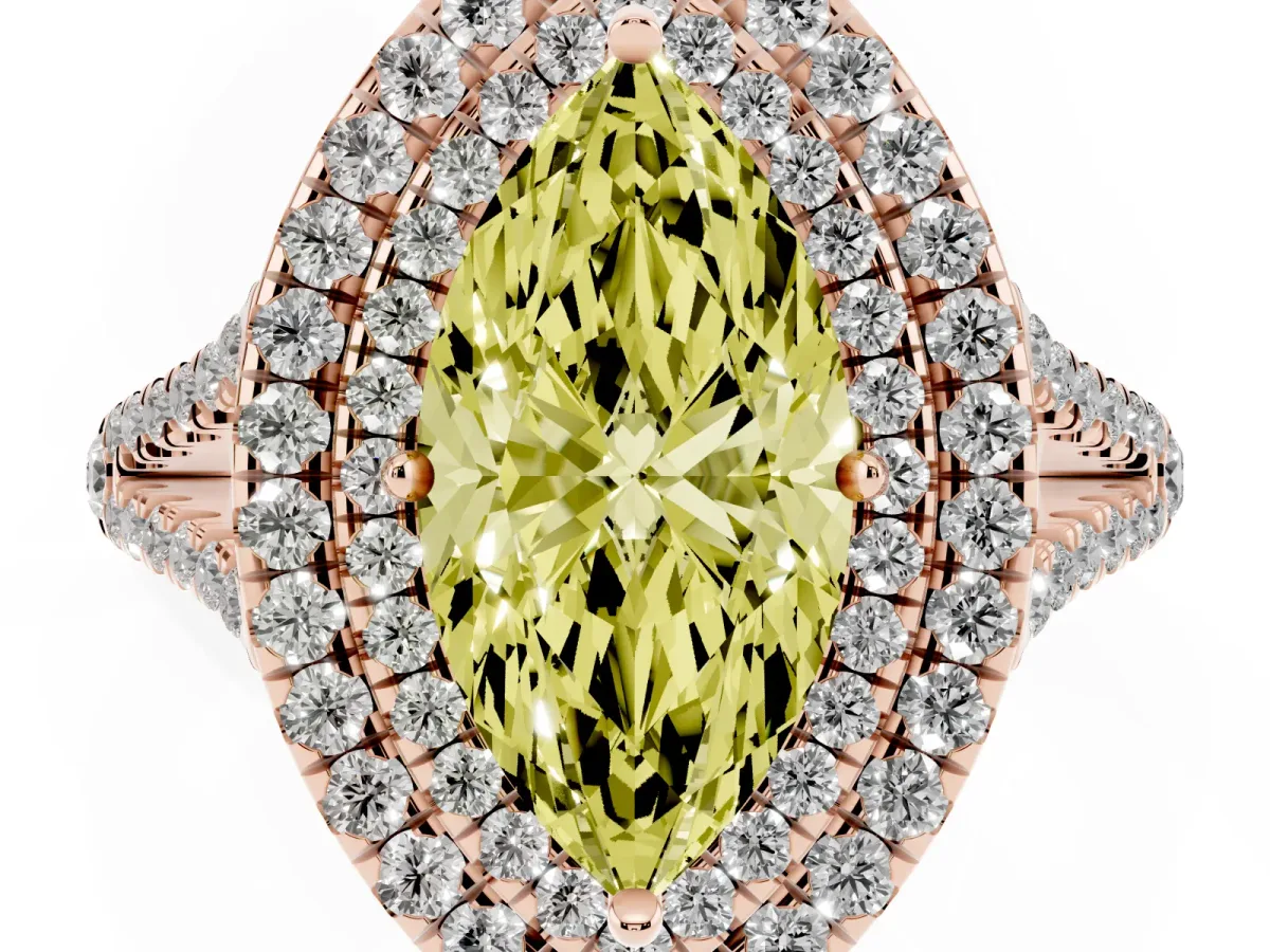 Fancy Yellow Marquise Cut Diamond Double Halo Ring with Pavé Band and Prong Setting Rose gold
