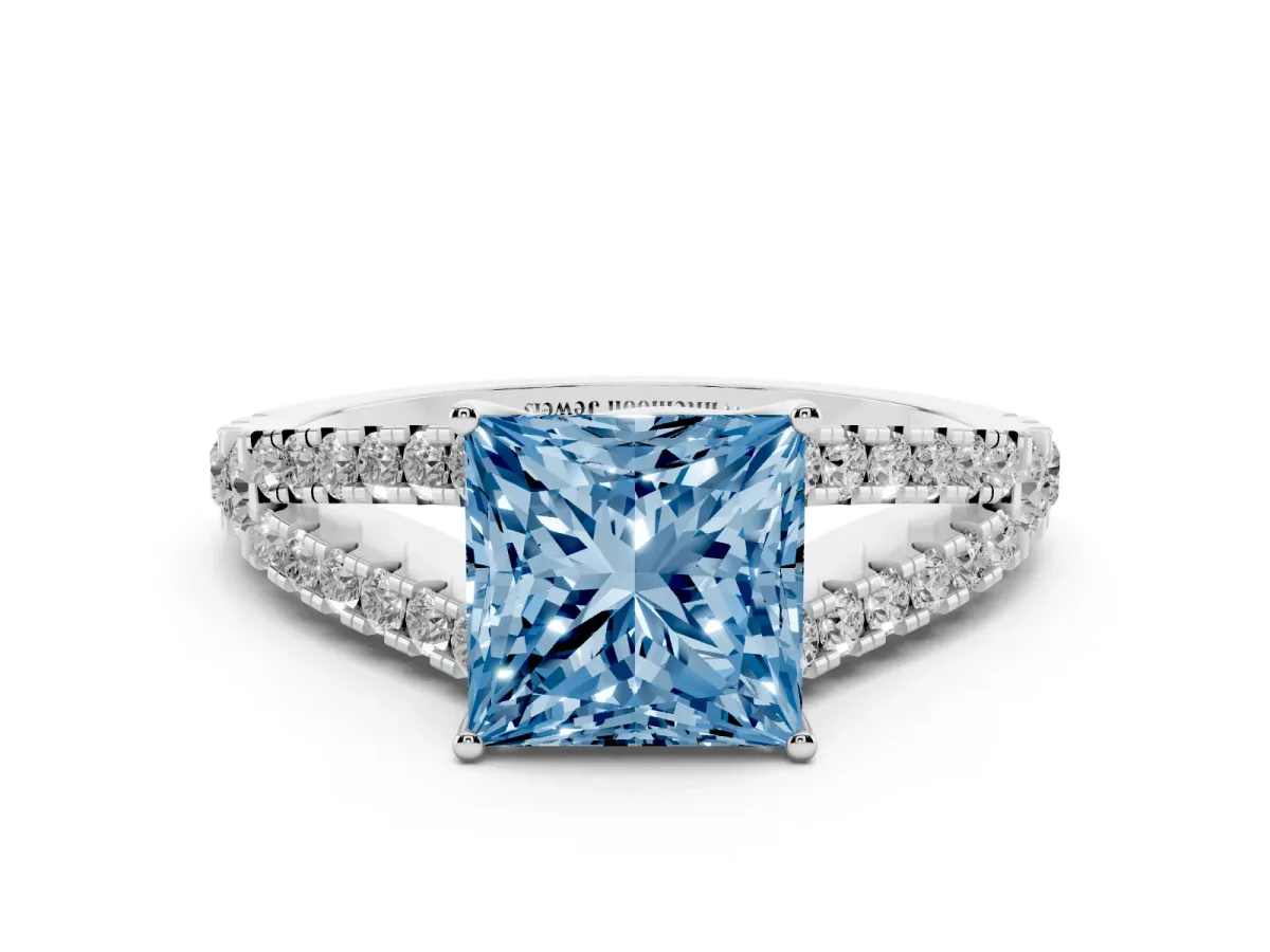 Fancy Blue Princess Cut Diamond Split Shank Pavé Engagement Ring with Four-Prong Setting White gold