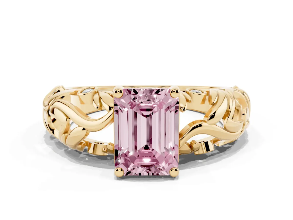 Fancy Pink Emerald Cut Solitaire Diamond Leaf-Inspired Vine Band Ring with Prong Setting Yellow gold
